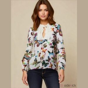 Tory Burch Women’s White Cotton Butterfly V-neck Long Sleeve Blouse